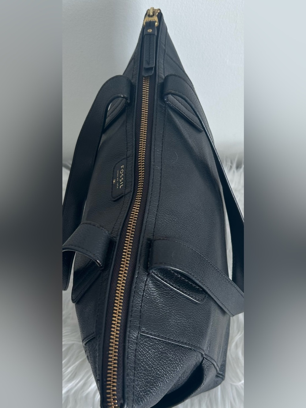 Fossil Black Leather Large Zip Top Tote Laptop Shoulder Bag Work bag - Picture 8 of 14